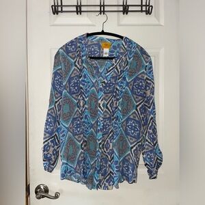 Ruby Rd. Blue & Gray Geometric Button-Down Blouse